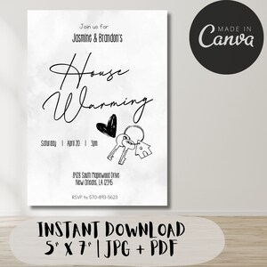 May include: Black and white housewarming invitation with a handwritten script font. The invitation includes the text "Join us for Jasmine & Brandon's House Warming" and details for the event, including the date, time, and address. The invitation also features a black and white illustration of a house key with a heart.