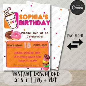 Bewerkbare digitale sjabloon voor donuts en koffieliefhebbers: nippen, snacken en feest vieren!