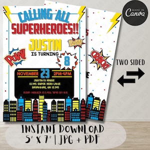 Superhero&#39;s Epic Adventure Birthday Invitation - Power Up, Edit & Assemble Your Heroes!