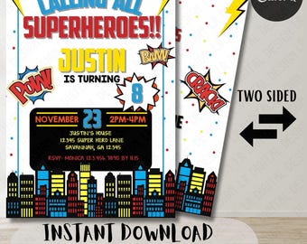 Superhero's Epic Adventure Birthday Invitation - Power Up, Edit & Assemble Your Heroes!