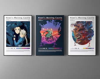 Howl’s Moving Castle Poster | Anime Manga Poster, Minimalist Anime Poster, Retro Vintage Art Print, Wall Art Decor, Poster Set Of 3, Gift