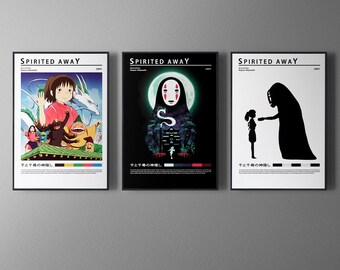 Spirited Away Poster | Anime Manga Poster, Minimalist Anime Poster, Retro Vintage Art Print, Wall Art Decor, Poster Set Of 3, Gift For Him