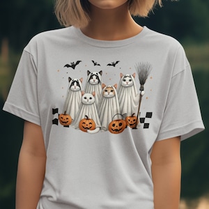 Niedliches Geist-schwarze Katzen-Halloween-Shirt, Geister-Katzen-Halloween-Shirt, gruselige Jahreszeit, Katzenliebhaber Geschenk, Halloween-Geschenk-Katzenbesitzer, Katzenhexenjagd