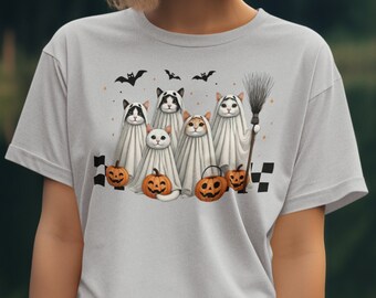 Maglietta di Halloween con simpatici gatti neri fantasma, maglietta di Halloween con gatto fantasma, stagione spettrale, regalo per gli amanti dei gatti, regalo di Halloween per i proprietari di gatti, caccia alle streghe con i gatti
