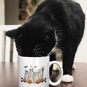 Cute Ghost Black Cats Halloween Mug, Ghost Cat Halloween Mug, Spooky Season, Cat Lover Gift, Halloween Gift Cats Owner