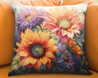 Sunflower Square Pillow, Floral Throw Cushion, Decorative Flower Accent Pillow, Home Decor, Vibrant Watercolor Sunflowers