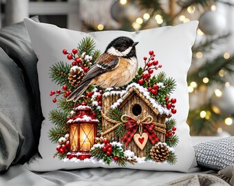 Winter Chickadee Pillow, Christmas Bird Pillow Cover, Woodland Winter Decor, Birdhouse Pillow, Cozy Holiday Pillow, Nature Lover Gift