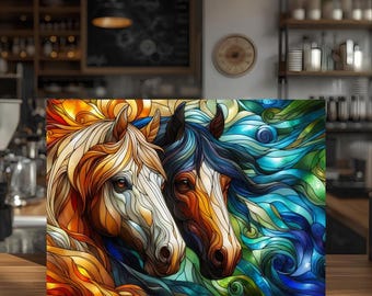 Stained Glass Horse Cutting Board – Tempered Glass Kitchen Decor, Colorful Horse Lover Gift, Western Kitchen Accent