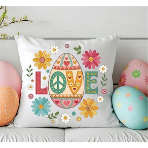 Retro Easter Egg Love Pillow, Easter Decor, Easter Pillow, Vintage Home Decor, Easter Accent Pillows, Holiday Pillow, Country Pillow