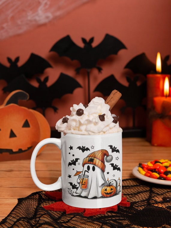 Halloween Ghost Coffee Mug, Spooky Season Pumpkin Spice Latte