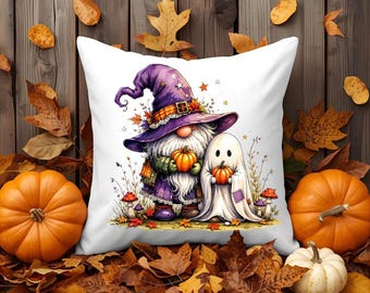 Witch Gnome Ghost Pillow, Autumn Cottagecore Decor, Fall Farmhouse Cushion