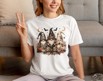 Halloween Gnome Trio T-Shirt | Witch, Skeleton, Harvest Gnomes, Bats & Moons