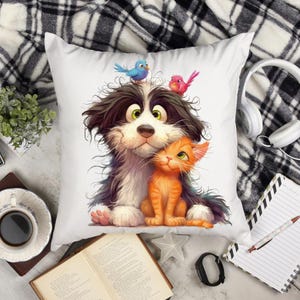Kids Throw Pillow, Cute Cat and Dog Design, Animal Lover Decor, Nursery Pillow, Children's Room Decor, Cat and Dog Pillow Cover, Teen Gift