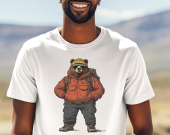 Bear Hiking T-shirt, Outdoor Adventure Tee, Nature Lover Gift, Wilderness Camping Shirt, Mountain Explorer Top
