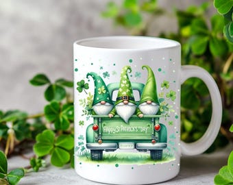 Green Gnome St Patricks Day Ceramic Mug - Lucky Shamrock Truck Coffee Cup, Gift for Irish Holiday Celebrations, Cute Saint Paddy's Day Tea