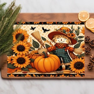 Scarecrow Fall Sunflower Pumpkin Glass Cutting Board, Thanksgiving Kitchen Decor, Autumn Harvest Serving Tray, Fall Scene Decorative Chop