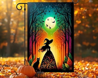 Halloween-heksentuinvlag, levendige Trick or Treat-werfbanner, spookachtig buitenvakantiedecor, feestelijke herfstdecoratie, heks kat maankunst