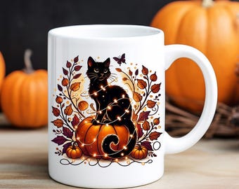 Black Cat Halloween Ceramic Mug, Cute Pumpkin Coffee Cup, Spooky Cat Tea Mug, Fall Leaves Mug, Halloween Lights Mug, Cat Lover Gift
