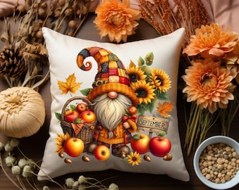Fall Gnome Pillow, Autumn Sunflower Apple Design, Harvest Decor