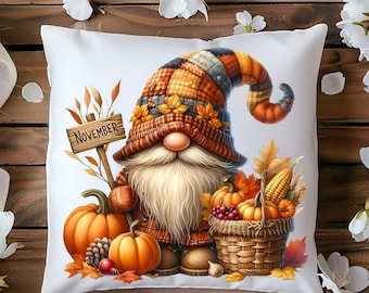 November Gnome Pillow, Autumn Harvest Farmhouse Decor, Thanksgiving Cushion, Cozy Vibes