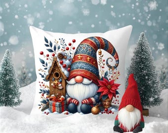 Holiday Gnome Pillow, Christmas Throw Pillow, Festive Winter Decor, Cute Gnome Cushion for Living Room, Christmas Gift for Her, Gnome Gift