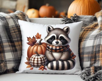 Fall Raccoon Pillow, Autumn Throw Cushion, Cute Animal Decor, Thanksgiving Gift, Harvest Home Accent Pillow, Cute Raccoon Pillow
