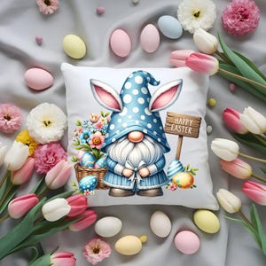 Almohada cuadrada de gnomo de primavera, cojín decorativo de conejito de Pascua, linda decoración de primavera, acento de Pascua para el hogar, almohada de primavera de gnomo, linda decoración de Pascua