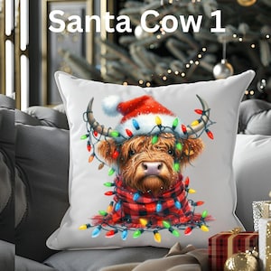 Cojín cuadrado de vaca de las Tierras Altas, gorro navideño de Papá Noel, decoración de granja, cojín festivo, bonito regalo de animal, acento festivo para el hogar, vaca de Papá Noel
