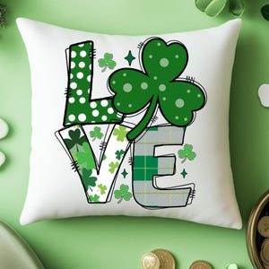 Almohada del día de San Patricio, cojín decorativo de trébol, acento hogareño irlandés LOVE, almohada decorativa de trébol verde, decoración navideña, amuleto de la suerte