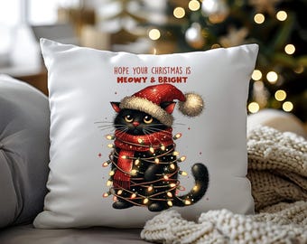 Cute Cat Christmas Pillow, Christmas cat Accent Pillow, Cat Lovers Pillow, Christmas Cat Pillow , Meowy Christmas Pillow