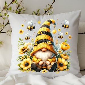Almohada de gnomo abeja, almohada de gnomo abeja, decoración de jardín, regalo para amantes de las abejas, decoración de primavera, funda de cojín, almohada de exterior, gnomo abeja, gnomo de verano