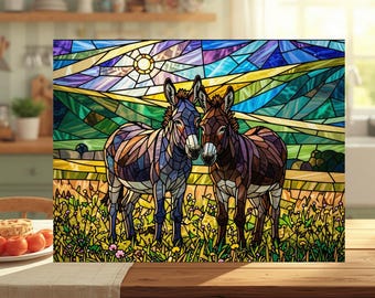 Stained Glass Donkey Tempered Glass Cutting Board, Farmhouse Kitchen Decor, Countryside Animal Art