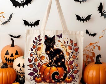 Katoenen canvas draagtas - Leuke Halloween Black Cat Pumpkin Lights, Trick or Treat-tas, Halloween-feestgunst, griezelige draagtas, Halloweencadeau