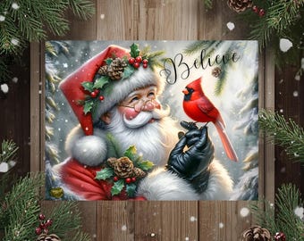 Tabla de cortar Santa Cardenal, tabla de cortar de vidrio navideña, decoración navideña Believe, Navidad en el bosque, regalo navideño de cardenal