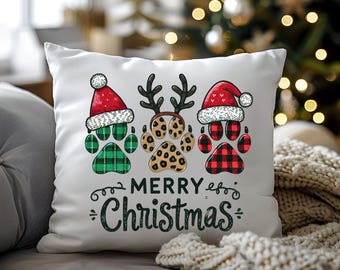 Christmas Paw Pillow, Merry Christmas Paws Gift,Christmas Dog Paws Pillow, Leopard Paw Christmas Pillowt, Dog Lovers Gift, Christmas Pillow
