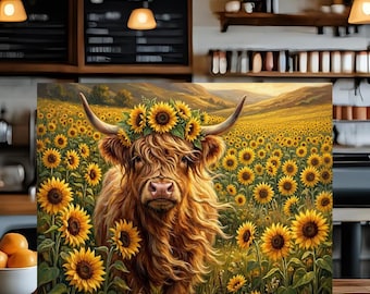 Highland Cow Glass Cutting Board, Sunflower Kitchen Decor, Farmhouse Cutting Board, Rustic Country Kitchen Gift, Cow Lover Decor