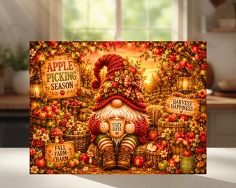 Autumn Gnome Apple Picking Season Cutting Board, Fall Kitchen Decor (Tempered Glass)