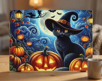 Halloween Black Cat Glass Cutting Board, Witch Hat, Jack-o'-Lanterns (8x11 or 11x15)