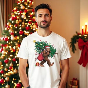 Bigfoot Christmas Tee, Bigfoot Santa Clause, Bigfoot Believe Shirt, Believe in Santa, Xmas Bigfoot Gifts for Outdoors Person, Mens Xmas Gift