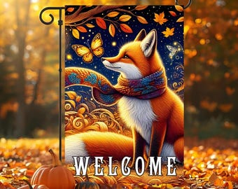 Fox Gartenfahne, Herbst Willkommensbanner, Rustikale Herbstdekoration, Outdoor-Dekoration für Wildtiere, Erntedank- und Halloween-Hausfahne