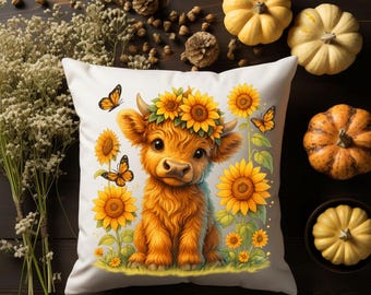 Baby Highland Cow Pillow, Cute Farmhouse Throw Pillow, Animal Lover Gift, Cow Decor for Nursery & Living Room, Butterfly and Sunflower Gift