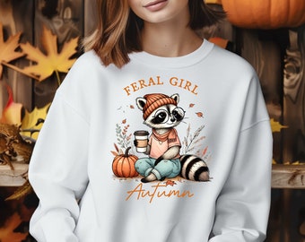 Feral Girl Autumn Sweatshirt, Raccoon Coffee Lover Tee (50% Cotton Blend)
