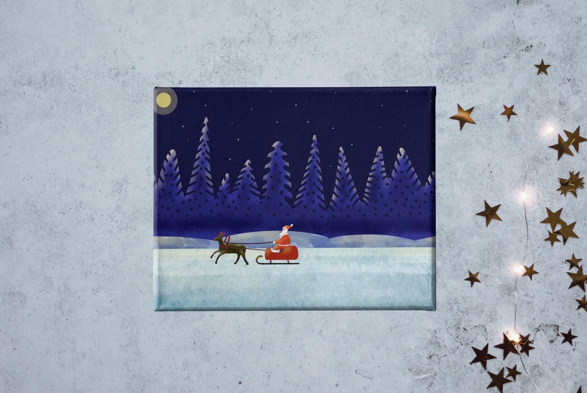 Canvas Print, Santa and Reindeer Sleigh Ride on a Starry Night, Christmas Wall Art, Holiday Decor, Winter Scene, Festive Home Decoration