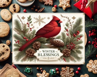 May include: A rectangular card featuring a red cardinal bird illustration, pine branches, and the text "Winter Blessings." The image is surrounded by cookies and Christmas decorations, creating a festive holiday theme.