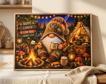 Camping Gnome Glass Cutting Board, Camper Kitchen Decor, Tempered Glass Cutting Board, Campfire Gnome Gift, RV Kitchen Decor