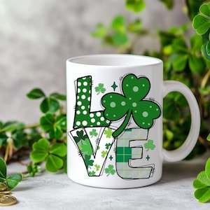 Shamrock Love Ceramic Mug, St Patricks Day Coffee Cup, Irish Clover Green Tea Mug, Lucky Charm Mug, Gift for Her, Home Office Decor