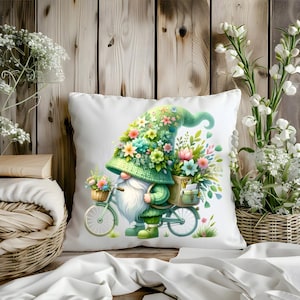 Cojín de gnomo ciclista, decoración de exteriores, cojín con entrega de flores, decoración para el hogar de primavera y verano, bonito cojín de gnomo de jardín, gnomo ciclista