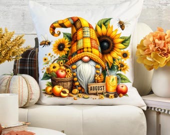 August Gnome Pillow, Sunflower & Peach Summer Decor