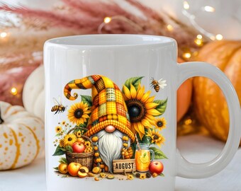 August Gnome Mug, Sunflower Plaid Hat, Fall Decor