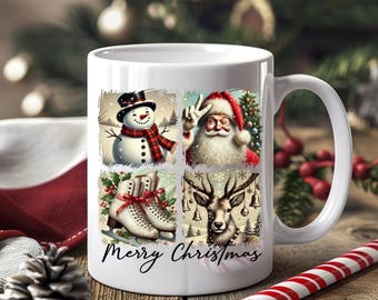 Taza navideña nostálgica, taza navideña nostálgica de Papá Noel, taza navideña antigua de invierno, decoración de reno, muñeco de nieve y Papá Noel, taza navideña, taza vintage